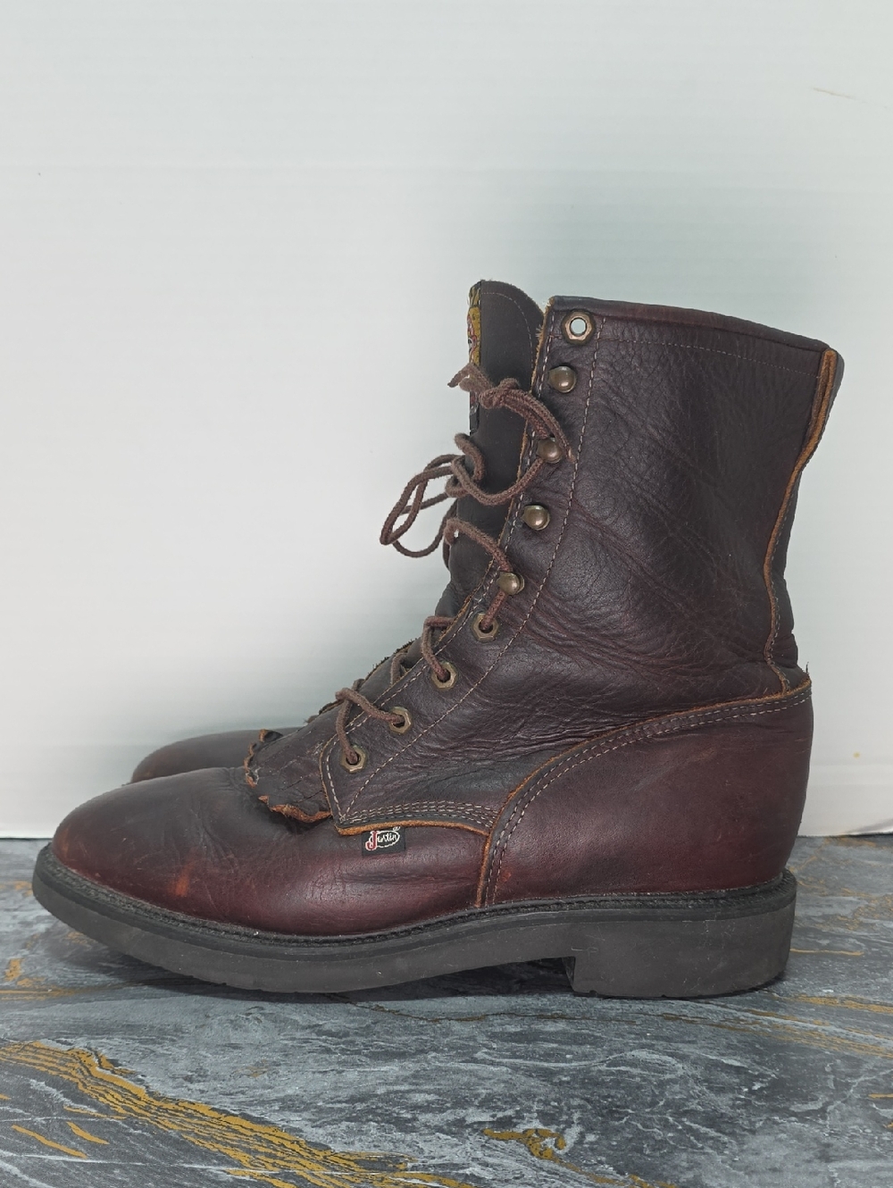 Justin Mens 12 D Brown Leather Conductor 8" Work Boots Comfort Packer Used - Picture 3 of 13